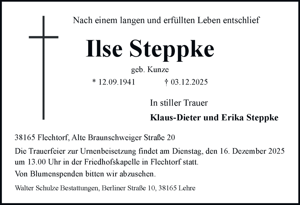  Traueranzeige für Ilse Steppke vom 06.12.2025 aus Helmstedter Nachrichten