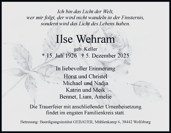 Traueranzeige von Ilse Wehram von Braunschweiger Zeitung, Wolfsburger Nachrichten