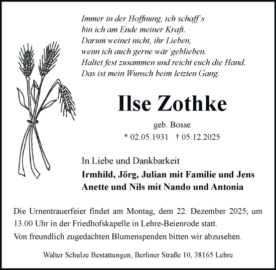 Traueranzeige von Ilse Zothke von Helmstedter Nachrichten