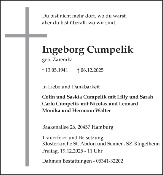 Traueranzeige von Ingeborg Cumpelik von Salzgitter-Zeitung