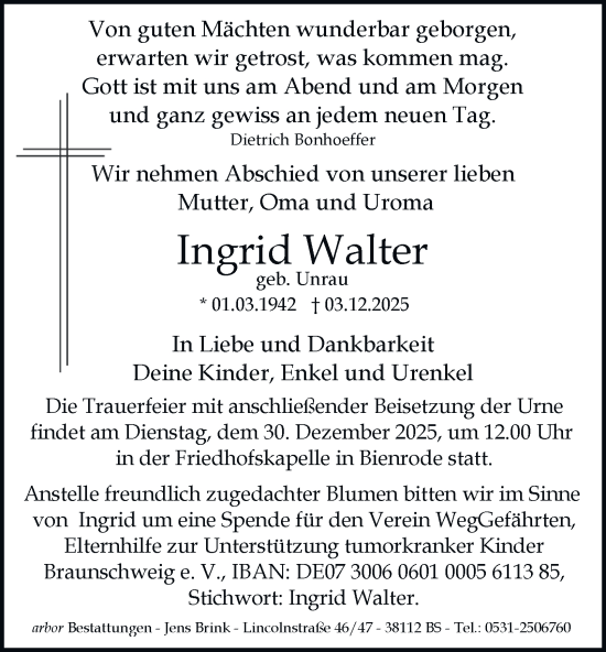Traueranzeige von Ingrid Walter von Braunschweiger Zeitung