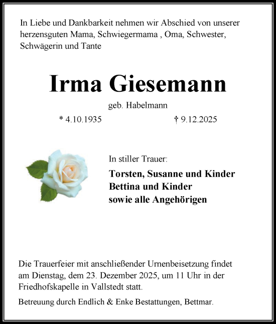 Traueranzeige von Irma Giesemann von Peiner Nachrichten