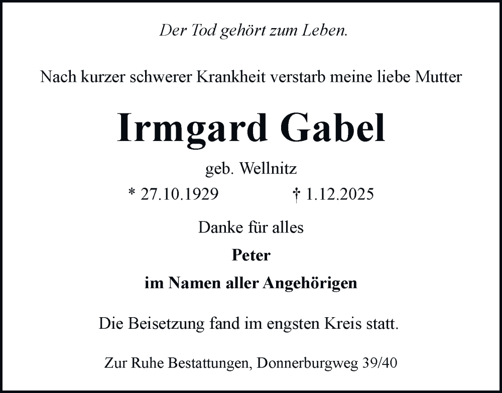  Traueranzeige für Irmgard Gabel vom 20.12.2025 aus Braunschweiger Zeitung