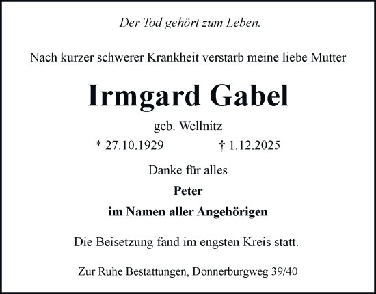 Traueranzeige von Irmgard Gabel von Braunschweiger Zeitung