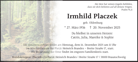 Traueranzeige von Irmhild Placzek von Braunschweiger Zeitung