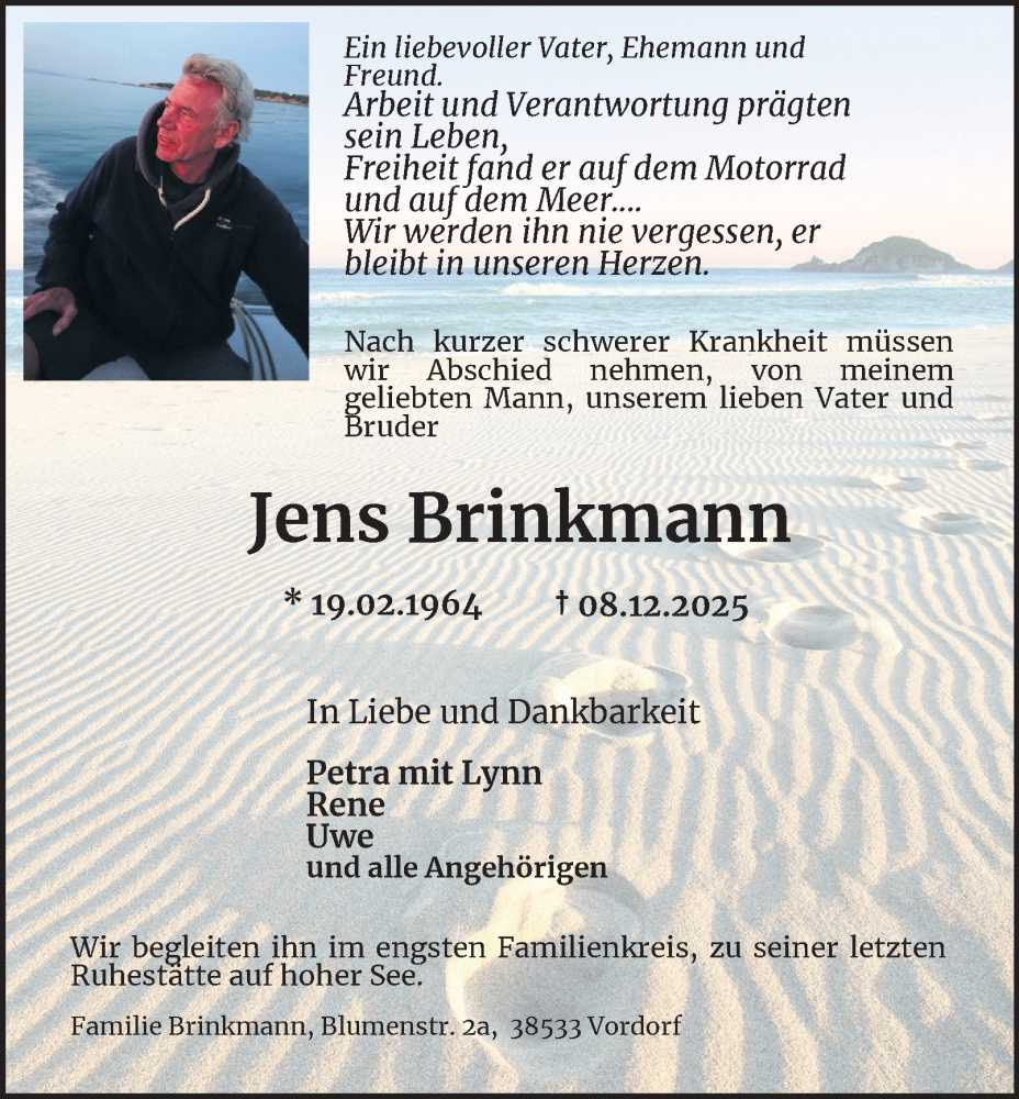  Traueranzeige für Jens Brinkmann vom 20.12.2025 aus Braunschweiger Zeitung