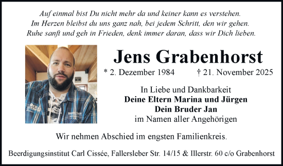 Traueranzeige von Jens Grabenhorst von Neue Braunschweiger am Samstag