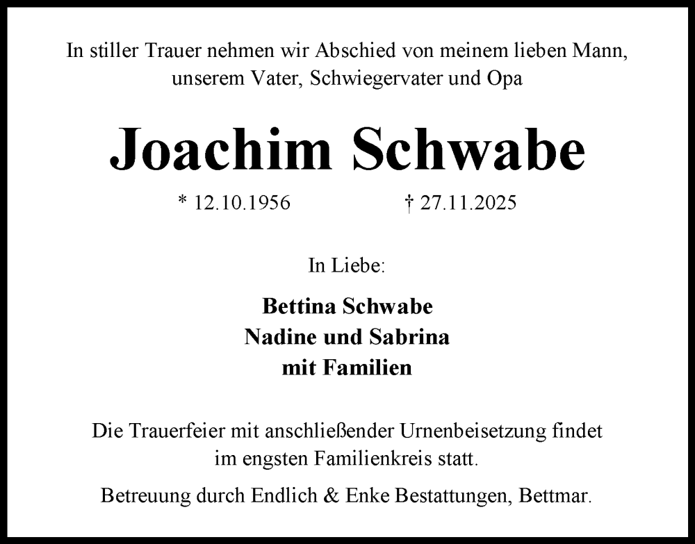  Traueranzeige für Joachim Schwabe vom 06.12.2025 aus Peiner Nachrichten
