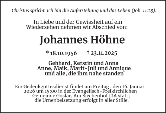 Traueranzeige von Johannes Höhne von Salzgitter-Zeitung