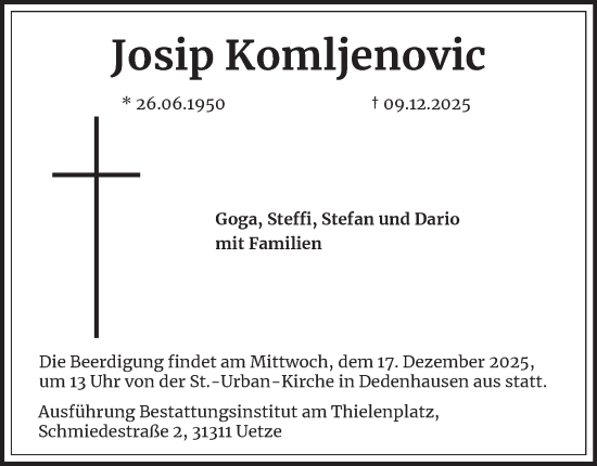 Traueranzeige von Josip Komljenovic von Peiner Nachrichten