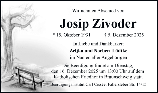 Traueranzeige von Josip Zivoder von Braunschweiger Zeitung