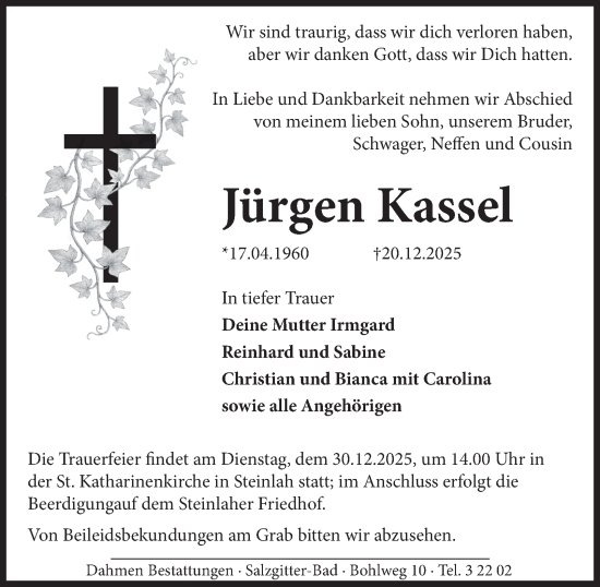 Traueranzeige von Jürgen Kassel von Salzgitter-Zeitung