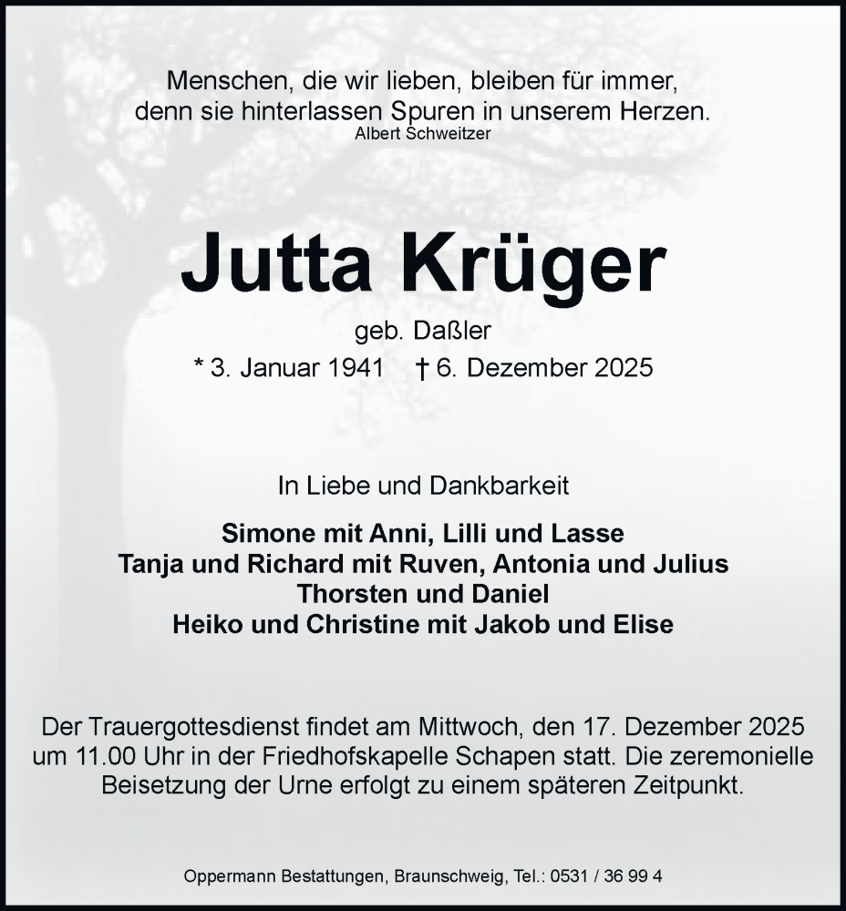  Traueranzeige für Jutta Krüger vom 13.12.2025 aus Braunschweiger Zeitung