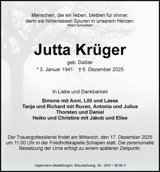 Traueranzeige von Jutta Krüger von Braunschweiger Zeitung