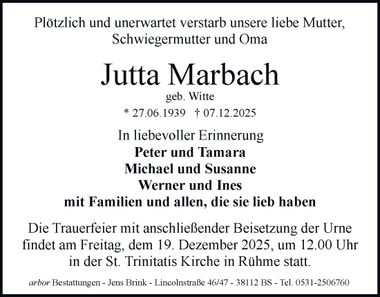 Traueranzeige von Jutta Marbach von Braunschweiger Zeitung
