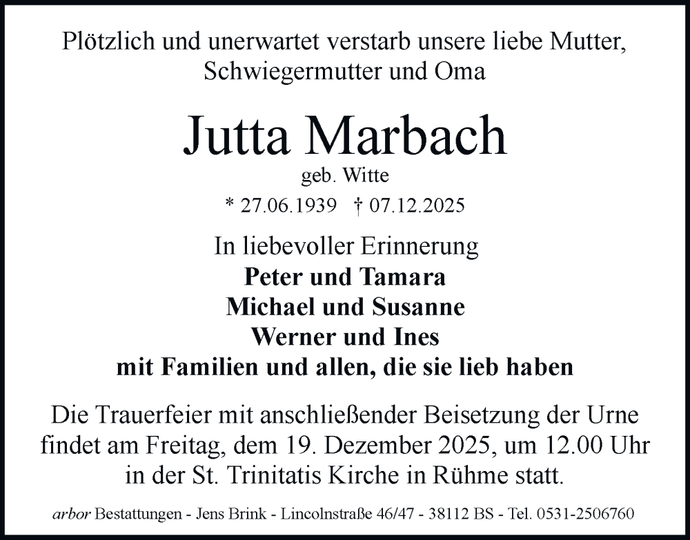  Traueranzeige für Jutta Marbach vom 13.12.2025 aus Braunschweiger Zeitung