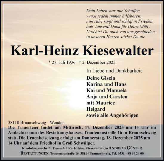 Traueranzeige von Karl-Heinz Kiesewalter von Braunschweiger Zeitung