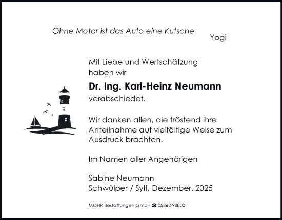 Traueranzeige von Karl-Heinz Neumann von Braunschweiger Zeitung, Wolfsburger Nachrichten