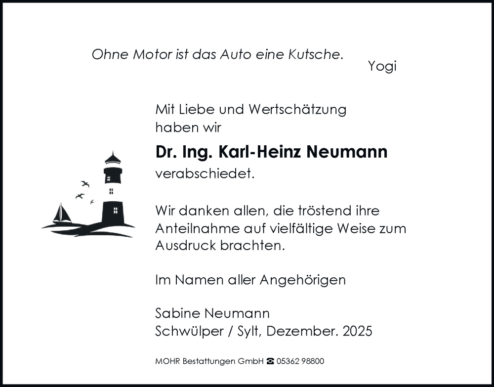  Traueranzeige für Karl-Heinz Neumann vom 06.12.2025 aus Braunschweiger Zeitung, Wolfsburger Nachrichten