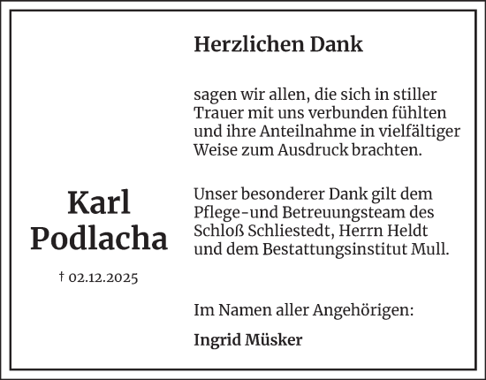 Traueranzeige von Karl Podlacha von Wolfenbütteler Zeitung