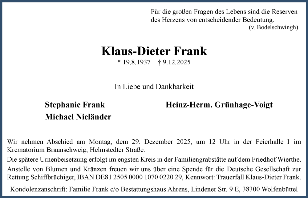  Traueranzeige für Klaus-Dieter Frank vom 20.12.2025 aus Braunschweiger Zeitung