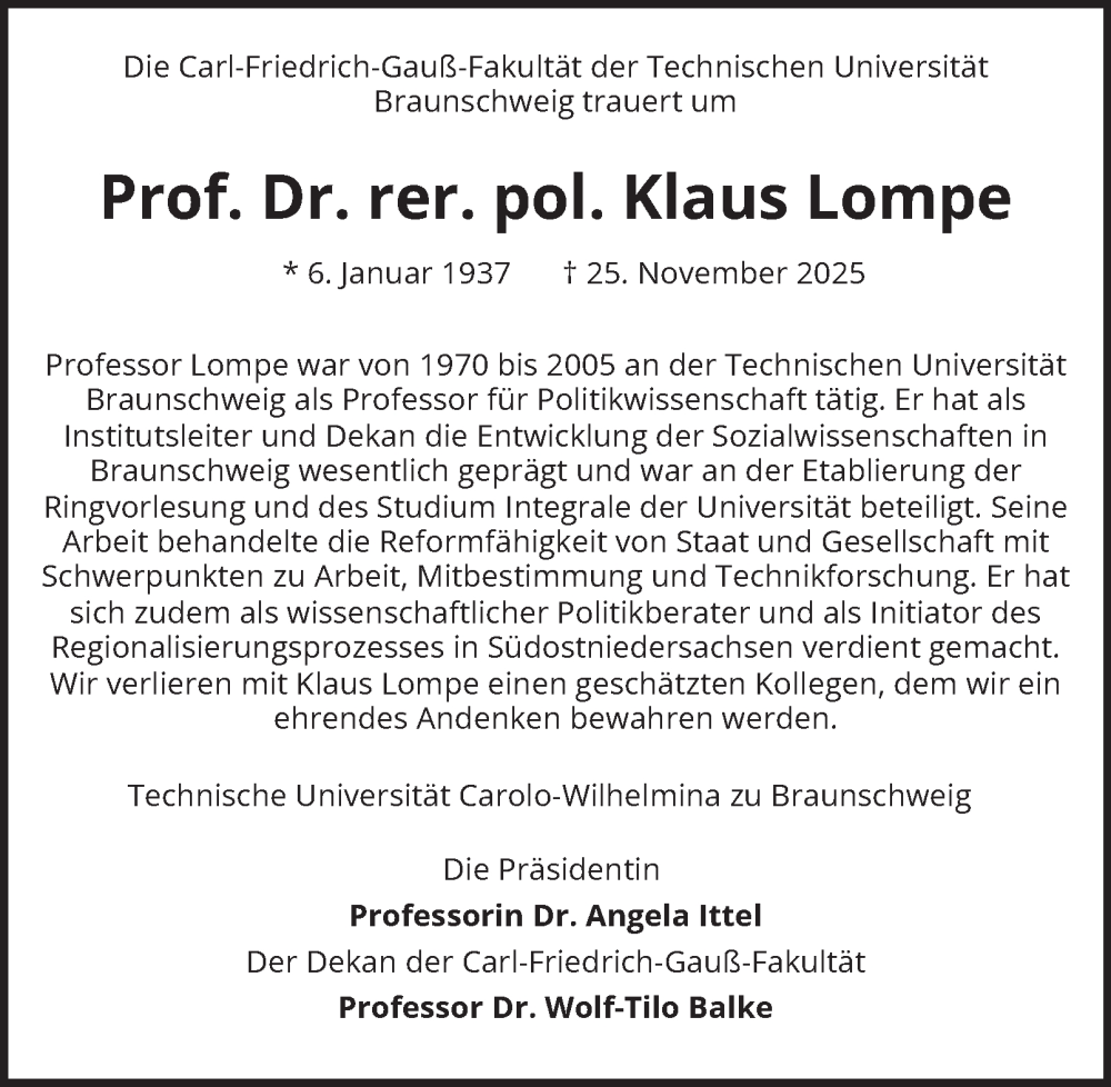  Traueranzeige für Klaus Lompe vom 06.12.2025 aus Braunschweiger Zeitung