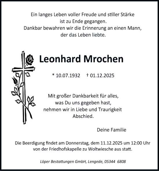 Traueranzeige von Leonhard Mrochen von Peiner Nachrichten