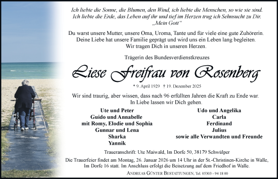 Traueranzeige von Liese Freifrau von Rosenberg von Braunschweiger Zeitung