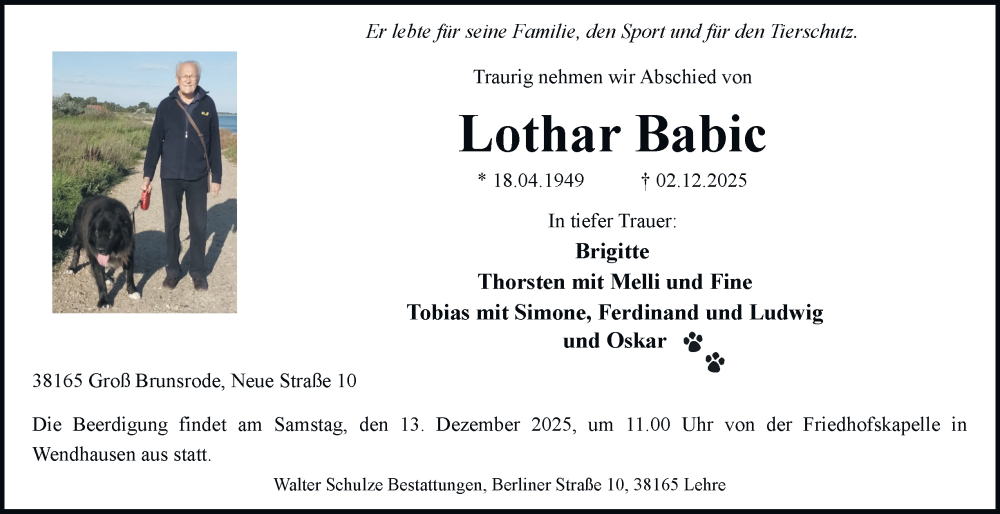 Traueranzeige für Lothar Babic vom 06.12.2025 aus Helmstedter Nachrichten