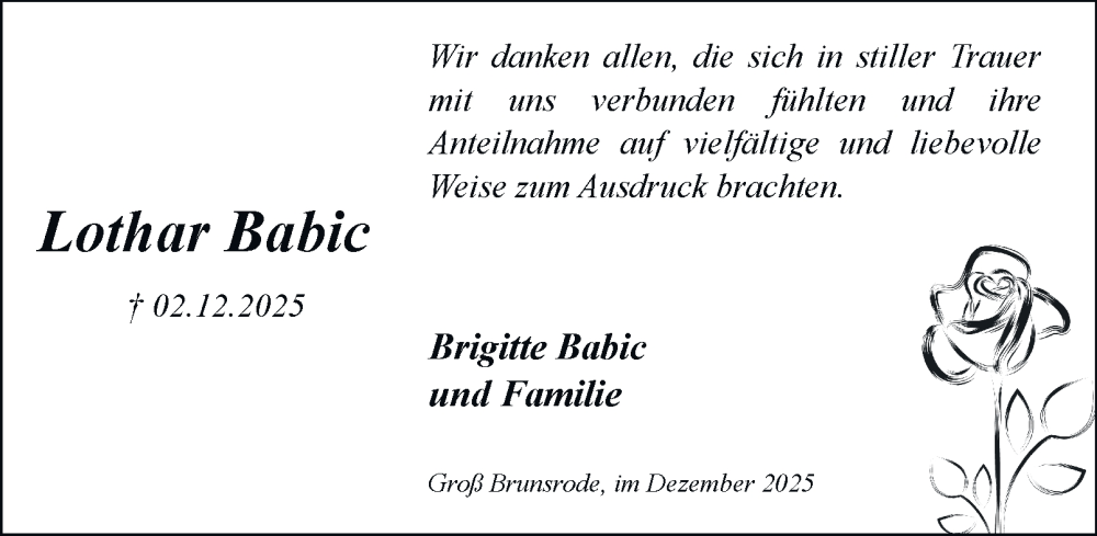  Traueranzeige für Lothar Babic vom 27.12.2025 aus Helmstedter Nachrichten