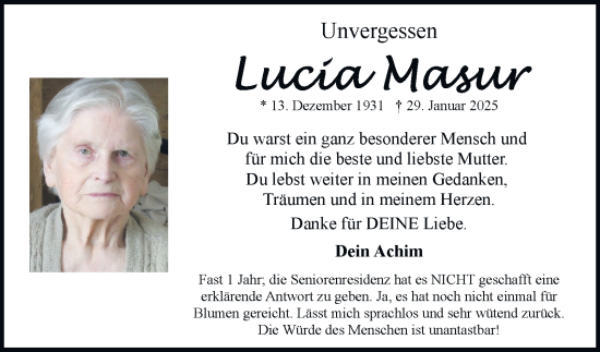 Traueranzeige von Lucia Masur von Braunschweiger Zeitung, Wolfsburger Nachrichten