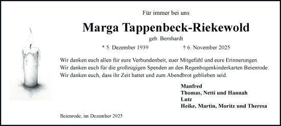 Traueranzeige von Marga Tappenbeck-Riekewold von Braunschweiger Zeitung, Wolfsburger Nachrichten