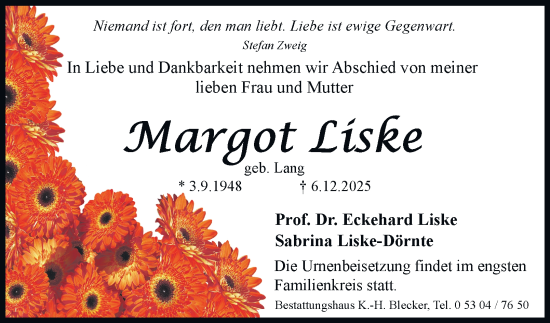 Traueranzeige von Margot Liske von Braunschweiger Zeitung