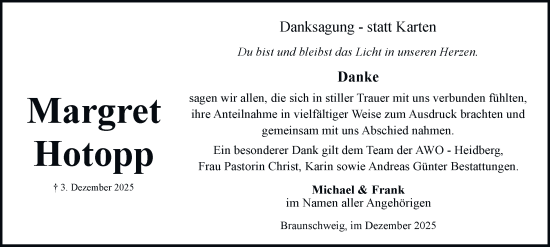 Traueranzeige von Margret Hotopp von Braunschweiger Zeitung