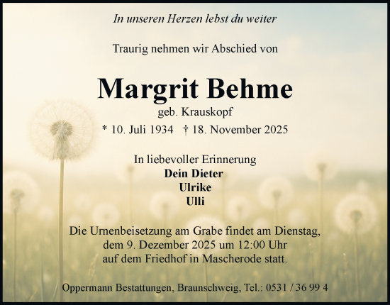 Traueranzeige von Margrit Behme von Braunschweiger Zeitung