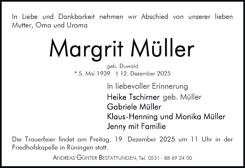  Traueranzeige für Margrit Müller vom 13.12.2025 aus Braunschweiger Zeitung