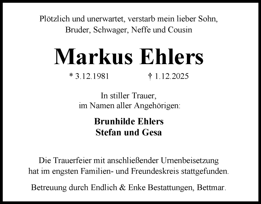 Traueranzeige für Markus Ehlers vom 13.12.2025 aus 