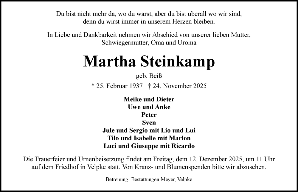  Traueranzeige für Martha Steinkamp vom 06.12.2025 aus Helmstedter Nachrichten