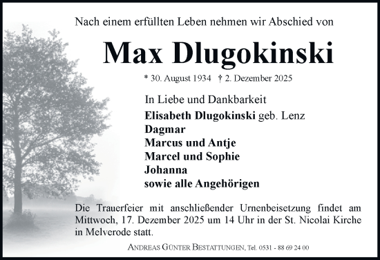 Traueranzeige von Max Dlugokinski von Braunschweiger Zeitung