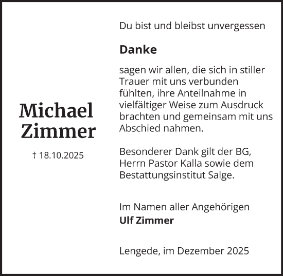 Traueranzeige von Michael Zimmer von Braunschweiger Zeitung