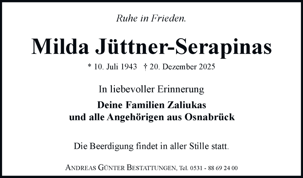  Traueranzeige für Milda Jüttner-Serapinas vom 27.12.2025 aus Braunschweiger Zeitung