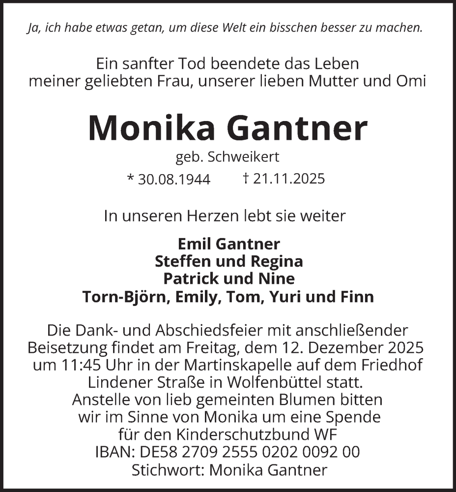  Traueranzeige für Monika Gantner vom 06.12.2025 aus Braunschweiger Zeitung