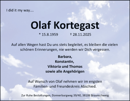 Traueranzeige von Olaf Kortegast von Braunschweiger Zeitung