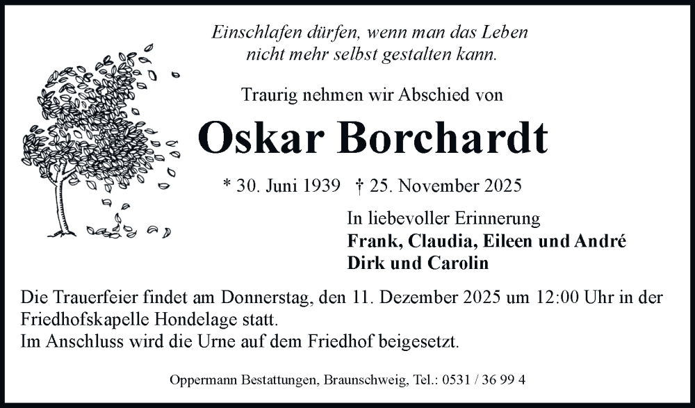 Traueranzeige für Oskar Borchardt vom 06.12.2025 aus Braunschweiger Zeitung