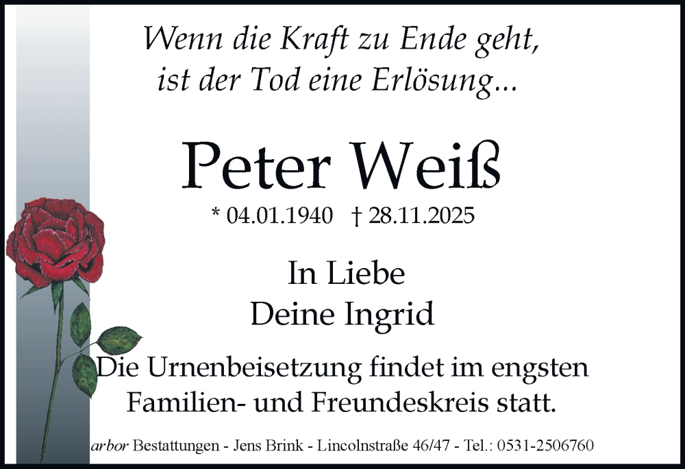  Traueranzeige für Peter Weiß vom 06.12.2025 aus Braunschweiger Zeitung