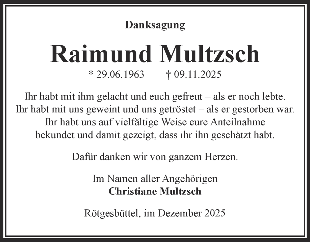  Traueranzeige für Raimund Multzsch vom 20.12.2025 aus Braunschweiger Zeitung, Wolfsburger Nachrichten