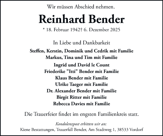 Traueranzeige von Reinhard Bender von Braunschweiger Zeitung