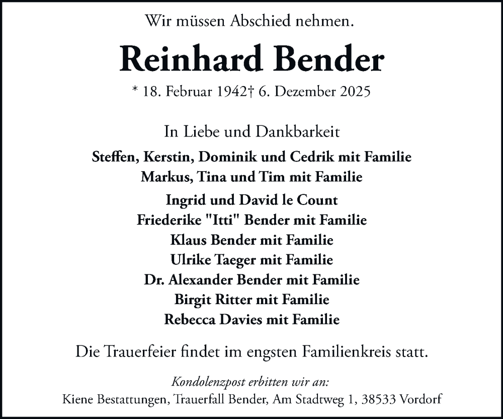  Traueranzeige für Reinhard Bender vom 20.12.2025 aus Braunschweiger Zeitung