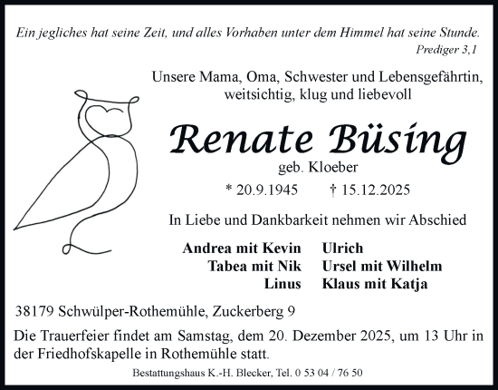 Traueranzeige von Renate Büsing von Braunschweiger Zeitung