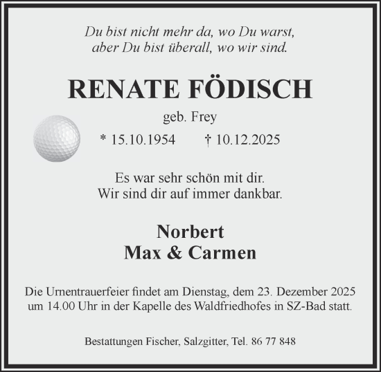 Traueranzeige von Renate Födisch von Salzgitter-Zeitung
